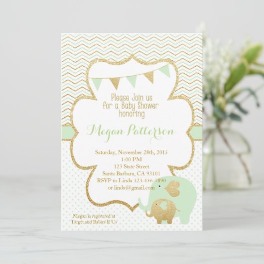 Mint en goudolifant Baby shower Kaart (Staand voorkant)