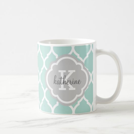 Mint en grijs Marokkaans Quatrefoil Monogram Koffiemok (Rechts)
