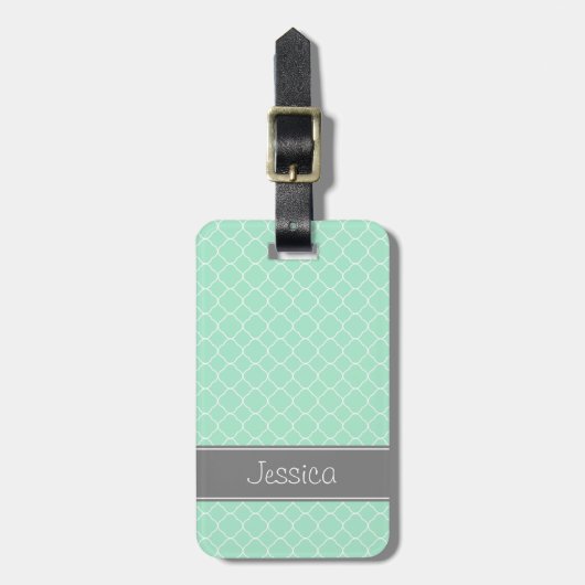 Mint en grijs Quatrefoil Patroon op maat Bagagelabel (Voorkant verticaal)