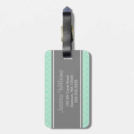 Mint en grijs Quatrefoil Patroon op maat Bagagelabel (Achterkant verticaal)
