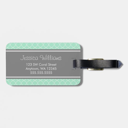 Mint en grijs Quatrefoil Patroon op maat Bagagelabel (Achterkant horizontaal)