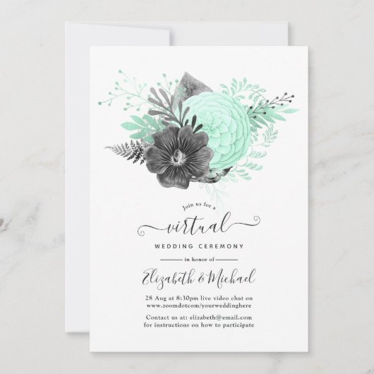 Mint en houtskool Floral Rustic Virtual Wedding Kaart (Voorkant)