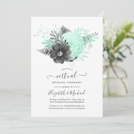 Mint en houtskool Floral Rustic Virtual Wedding Kaart (Staand voorkant)