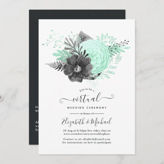 Mint en houtskool Floral Rustic Virtual Wedding Kaart (Voorkant / Achterkant)