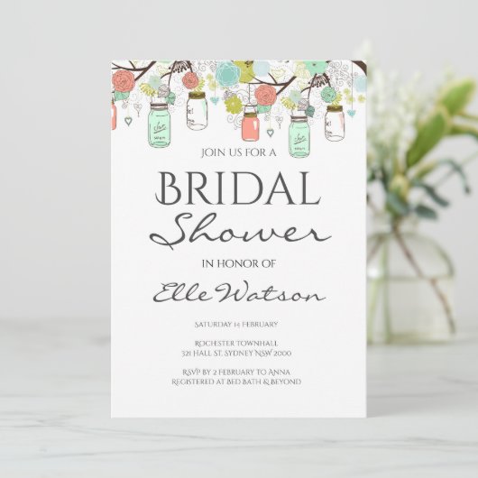 Mint en Koraal Bruidsfeest Uitnodiging, Trouwen Kaart (Staand voorkant)