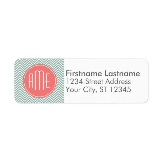 Mint en koraal Chevrons Aangepast monogram Etiket (Voorkant)