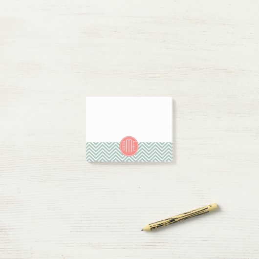 Mint en koraal Chevrons Aangepast monogram Post-it® Notes (Op bureau)