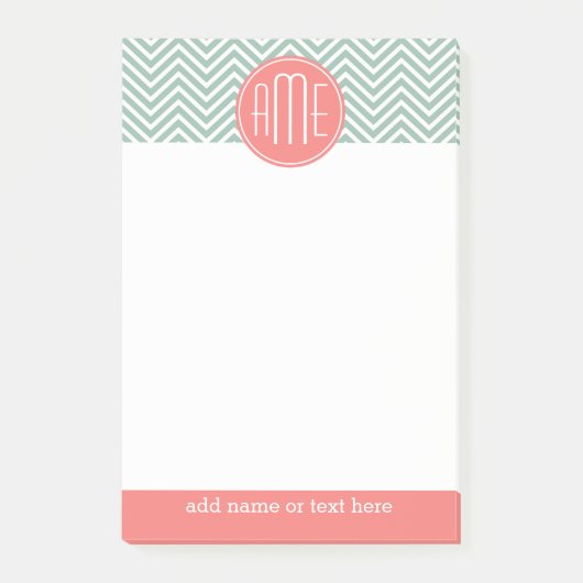 Mint en koraal Chevrons Aangepast monogram Post-it® Notes (Voorkant)