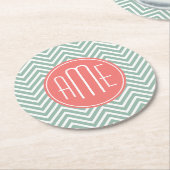 Mint en koraal Chevrons Aangepast monogram Ronde Kartonnen Onderzetter (Gebogen)