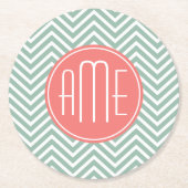 Mint en koraal Chevrons Aangepast monogram Ronde Kartonnen Onderzetter (Voorkant)