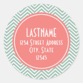Mint en koraal Chevrons Aangepast monogram Ronde Sticker (Voorkant)