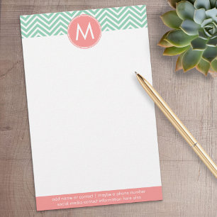 Mint en koraal Chevrons met aangepast monogram Briefpapier