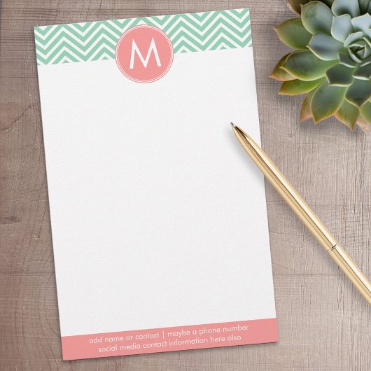 Mint en koraal Chevrons met aangepast monogram Briefpapier