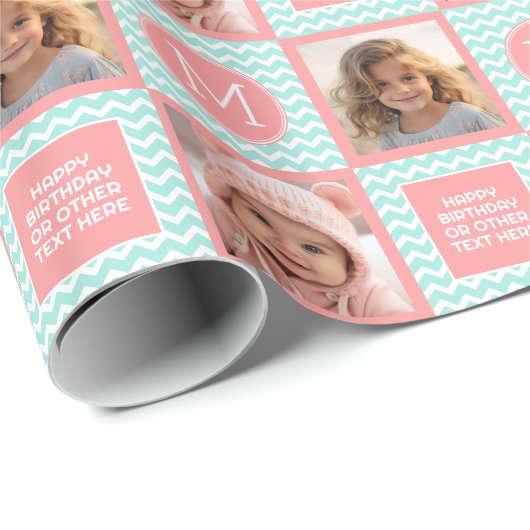 Mint en koraal Chevrons met aangepast monogram Cadeaupapier (Rol Hoek)