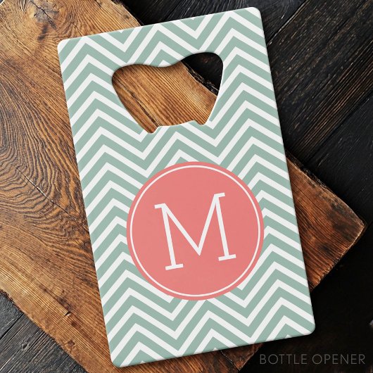 Mint en koraal Chevrons met aangepast monogram Creditkaart Flessenopener