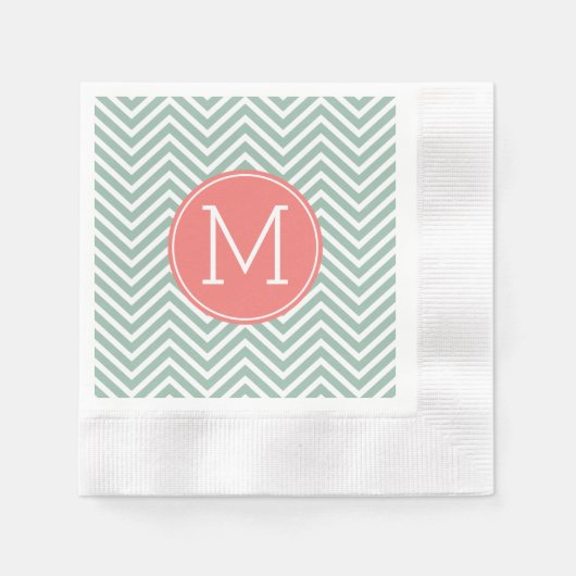 Mint en koraal Chevrons met aangepast monogram Servet (Voorkant)