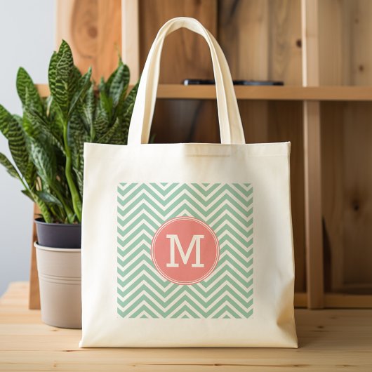 Mint en koraal Chevrons met aangepast monogram Tote Bag
