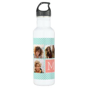 Mint en koraal fotocollage met aangepast monogram waterfles 