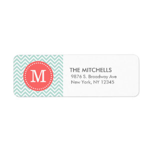 Mint en koraal Modern Chevron Custom Monogram Etiket