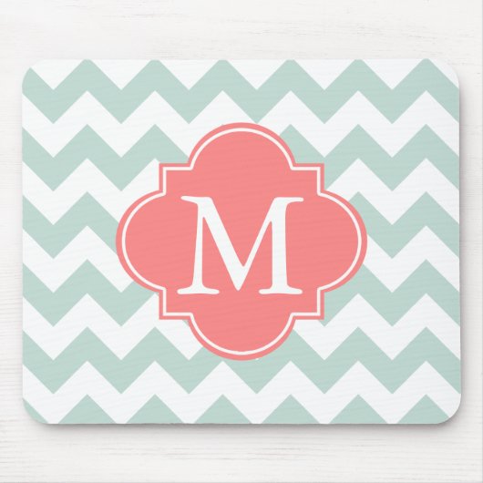 Mint en koraal Modern Chevron Custom Monogram Muismat (Voorkant)