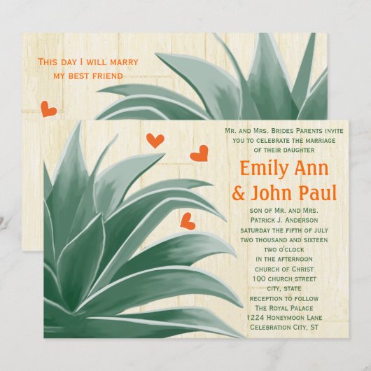 Mint en koraal Modern Succulent Wedding Invite Kaart (Voorkant / Achterkant)