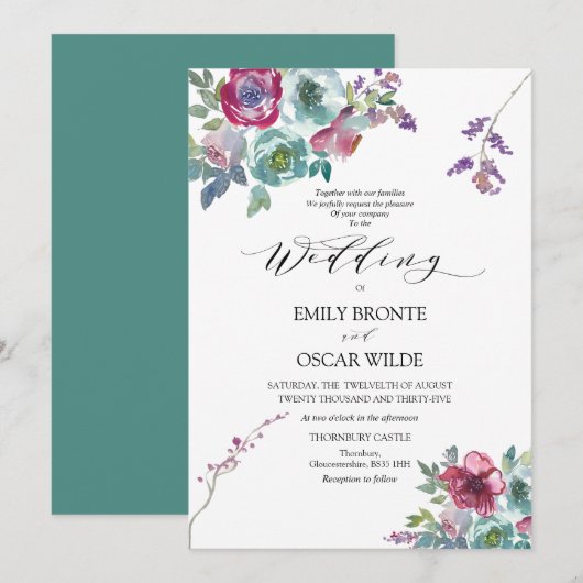 Mint en Mauve Floral Wedding Invitation Kaart (Voorkant / Achterkant)