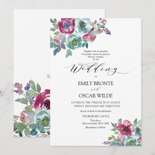 Mint en Mauve Floral Wedding Kaart (Voorkant / Achterkant)
