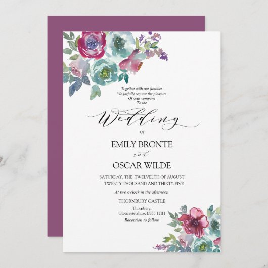 Mint en Mauve Floral Wedding Kaart (Voorkant / Achterkant)