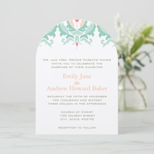 Mint en Peach Damask Wedding Invitation Kaart (Staand voorkant)