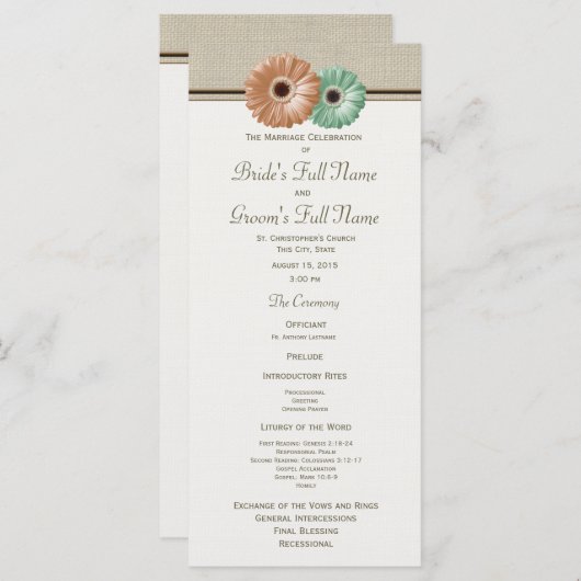 Mint en Peach Gerbera Daisy Wedding Program Programmakaart (Voorkant / Achterkant)