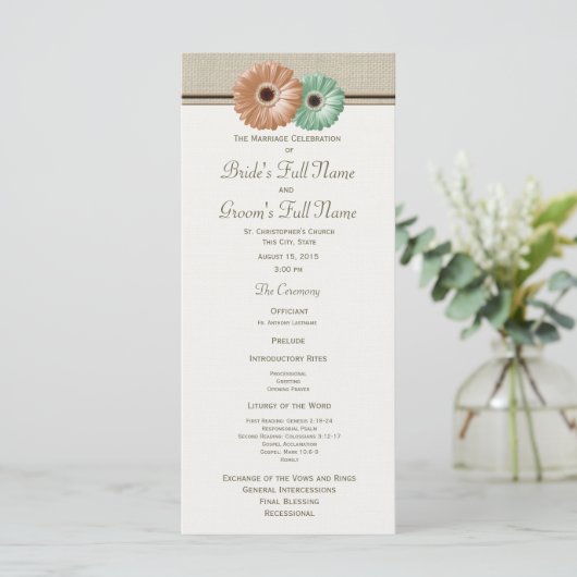 Mint en Peach Gerbera Daisy Wedding Program Programmakaart (Staand voorkant)