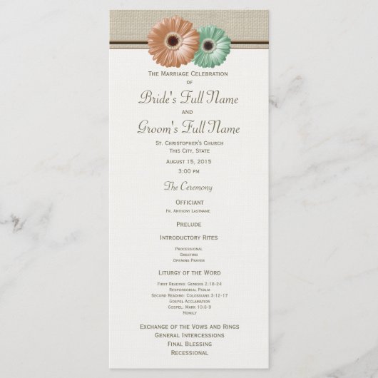Mint en Peach Gerbera Daisy Wedding Program Programmakaart (Voorkant)