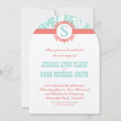 Mint en Peach Monogram Damask Wedding Invitations Kaart (Voorkant)