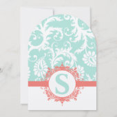 Mint en Peach Monogram Damask Wedding Invitations Kaart (Achterkant)