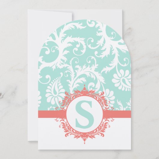 Mint en Peach Monogram Damask Wedding Invitations Kaart (Achterkant)
