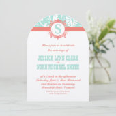 Mint en Peach Monogram Damask Wedding Invitations Kaart (Staand voorkant)