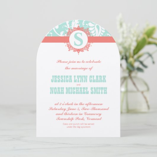 Mint en Peach Monogram Damask Wedding Invitations Kaart (Staand voorkant)