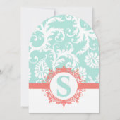 Mint en Peach Monogram Damask Wedding Invitations Kaart (Achterkant)
