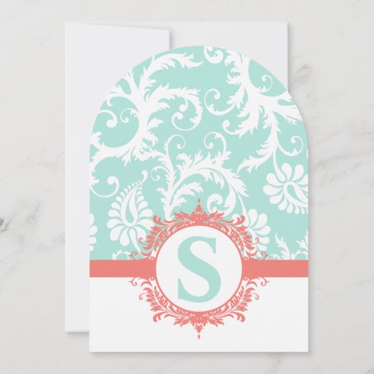 Mint en Peach Monogram Damask Wedding Invitations Kaart (Achterkant)