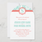 Mint en Peach Monogram Damask Wedding Invitations Kaart (Voorkant)