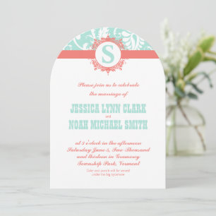 Mint en Peach Monogram Damask Wedding Invitations Kaart