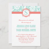 Mint en Peach Monogram Damask Wedding Invitations Kaart (Voorkant)