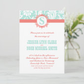Mint en Peach Monogram Damask Wedding Invitations Kaart (Staand voorkant)