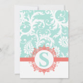 Mint en Peach Monogram Damask Wedding Invitations Kaart (Achterkant)