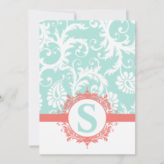 Mint en Peach Monogram Damask Wedding Invitations Kaart (Achterkant)