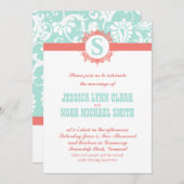 Mint en Peach Monogram Damask Wedding Invitations Kaart (Voorkant / Achterkant)