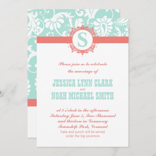 Mint en Peach Monogram Damask Wedding Invitations Kaart (Voorkant / Achterkant)