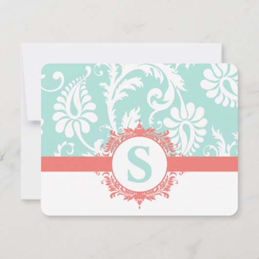 Mint en Peach Monogram Damask Wedding Invitations RSVP Kaartje (Achterkant)