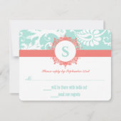 Mint en Peach Monogram Damask Wedding Invitations RSVP Kaartje (Voorkant)
