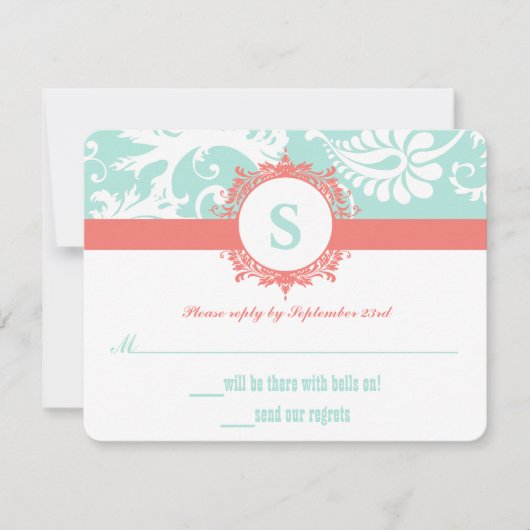 Mint en Peach Monogram Damask Wedding Invitations RSVP Kaartje (Voorkant)